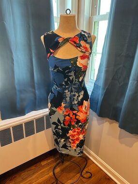 Cache Navy Floral Midi Dress with Coral Accents